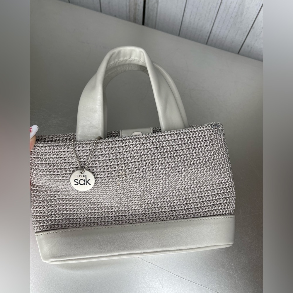 THE SAK Macrame & Leather Mini Handbag Satchel Purse Top Handle